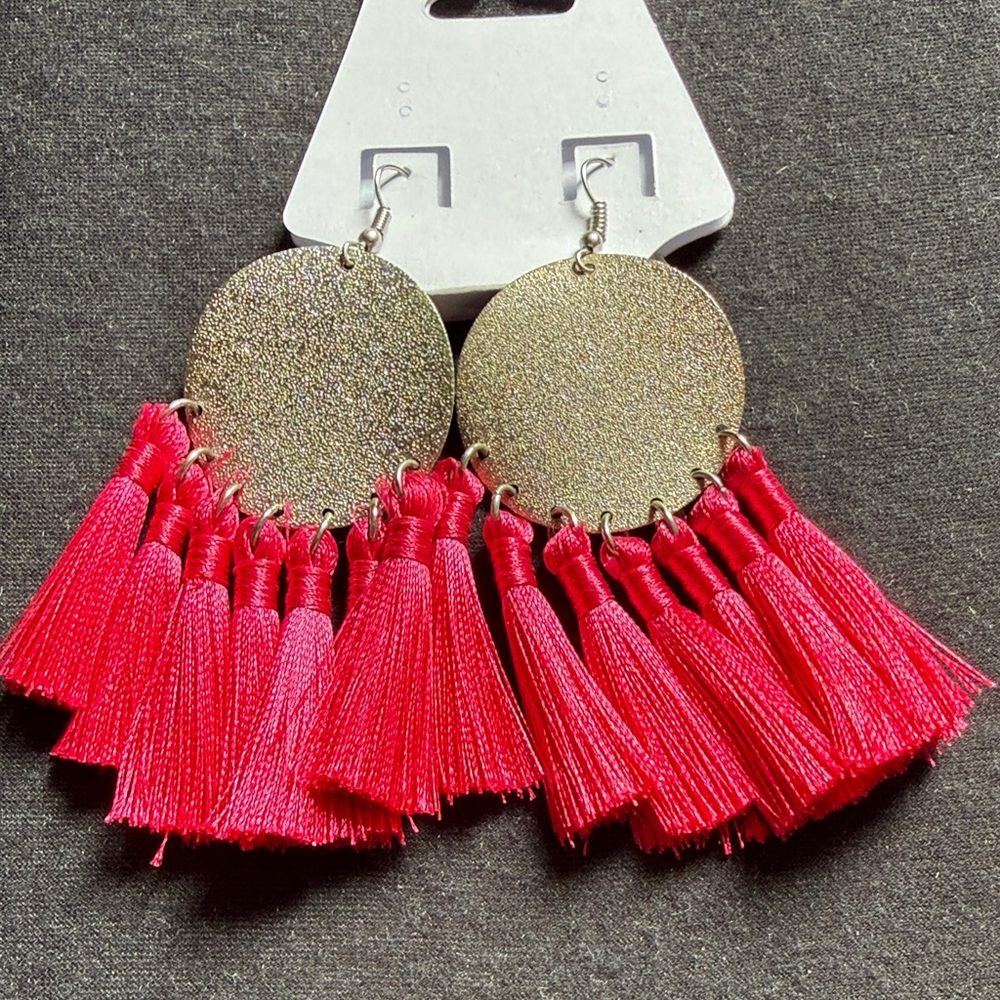 Silver and Vibrant Pink Tassel Earrings